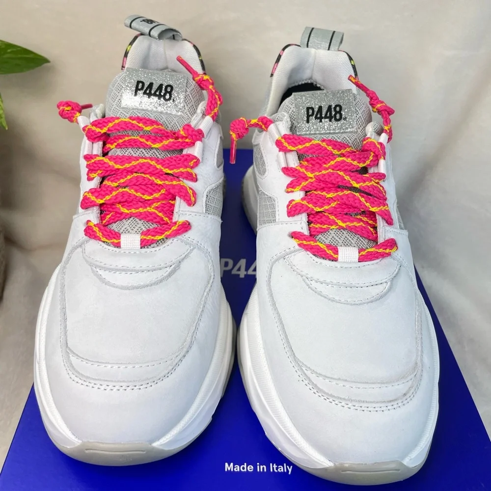 P448 Luke White and Pink Leopard Chunky Trainer Sneakers 39 EU, ( E 538)‎